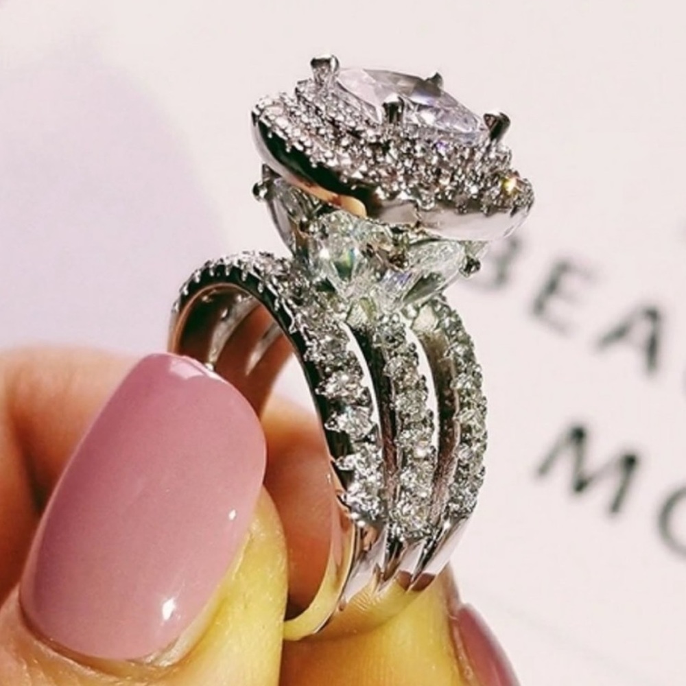 Silver Engagement Ring with Diamond Halo and Split Shank Design